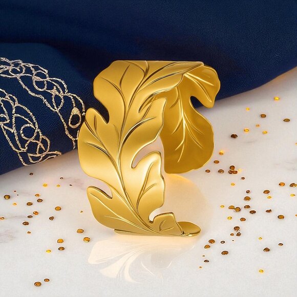 ๐Boho Luxe 18K Gold Plated Leaf Cuff Bracelet Adjustable Open Bangle Chic - Picture 3 of 10